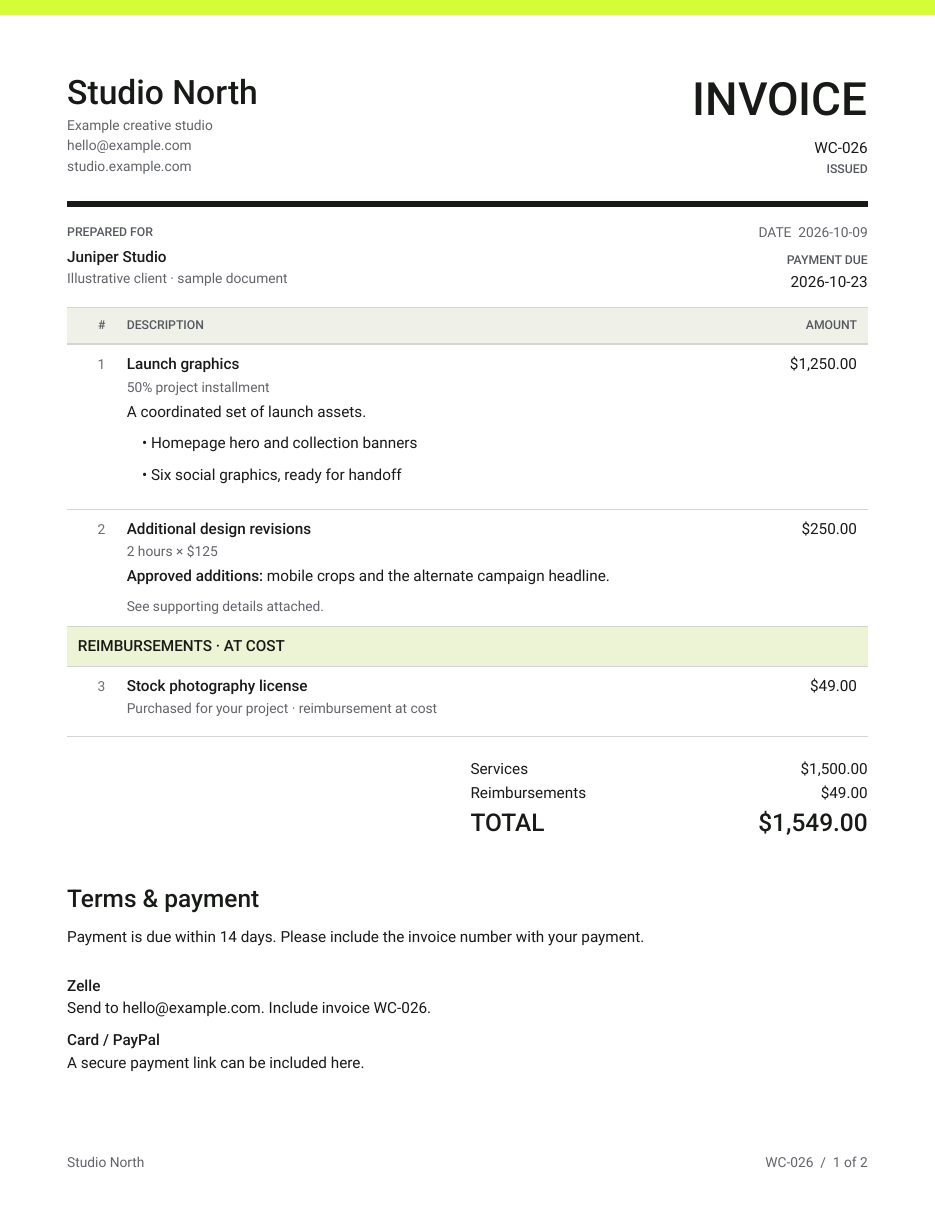 Ink invoice showing services, reimbursements, and payment details