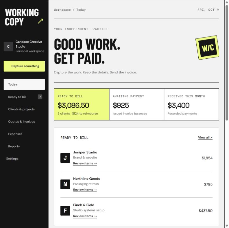 Ink workspace with a high-contrast sidebar, ready-to-bill amounts, and client work