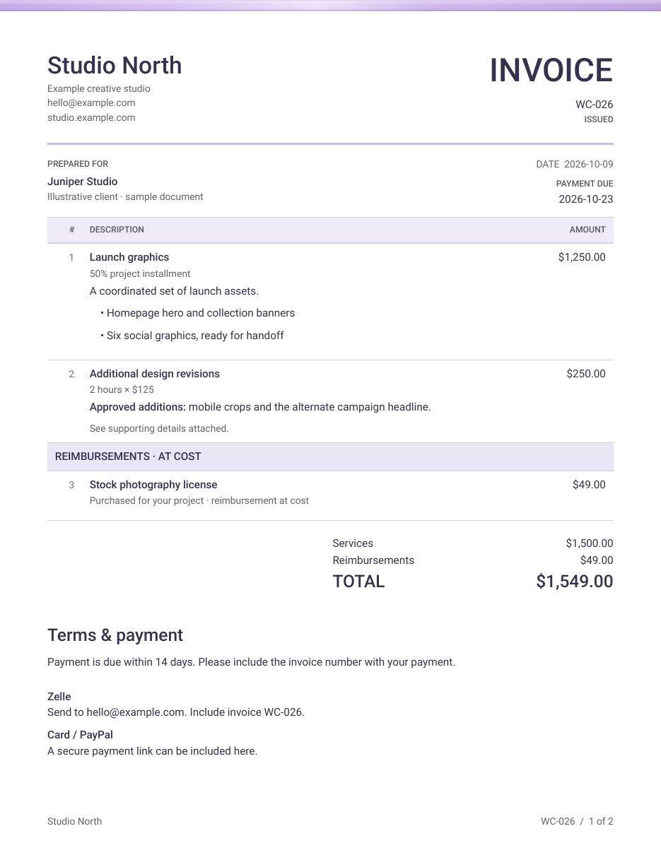 Prism invoice with a purple glass accent and matching details