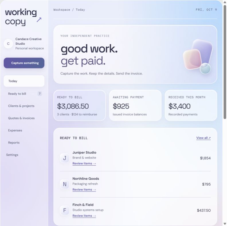 Prism workspace with translucent pastel panels and the same billing workflow